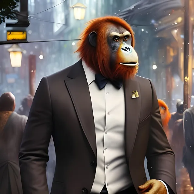 A well-dressed orangutan seated at a desk, projecting quiet authority