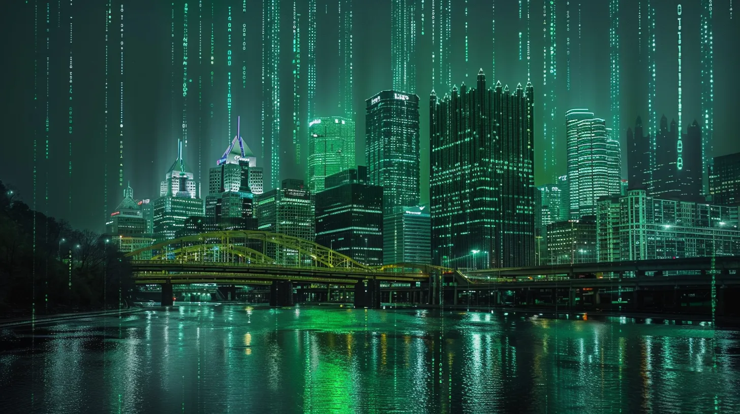 Pittsburgh skyline with matrix code visualization